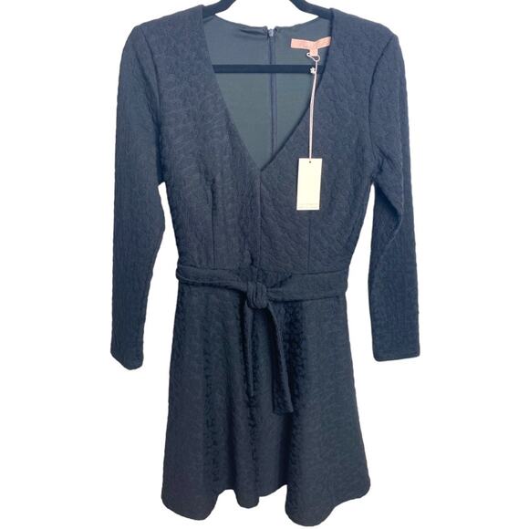 ANTHROPOLOGIE HUTCH DRESS S BLACK TEXTURED LONG SLEEVE MINI BELTED FIT & FLARE - Picture 1 of 10
